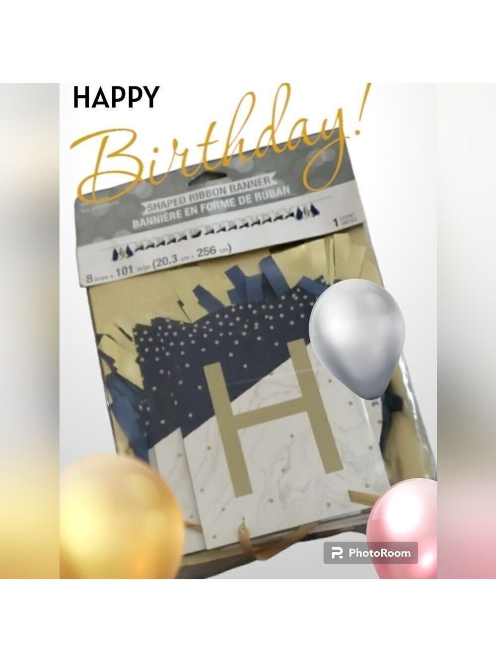 Happy Birthday shaped ribbon banner with stickers 8 inch x 101 inches